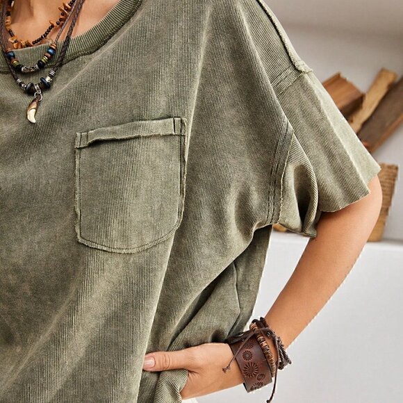Green Boho Womens Stitching Detail Drop Shoulder T-Shirt - Picture 3 of 5